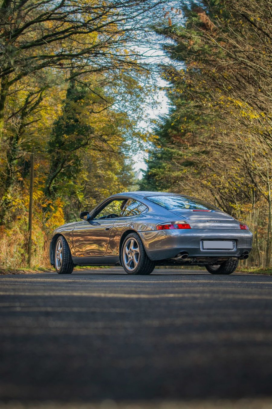 La voiture de sport grise vue de trois quarts arrière, arrêtée sur une petite route bordée d’arbres aux couleurs d’automne.