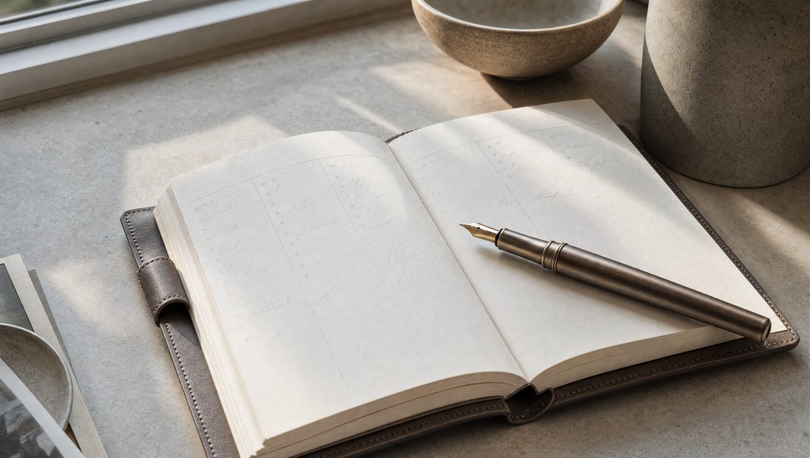Un agenda de bureau en cuir ouvert sur une semaine, un stylo plume bronze posé en travers, dans une lumière de fenêtre.
