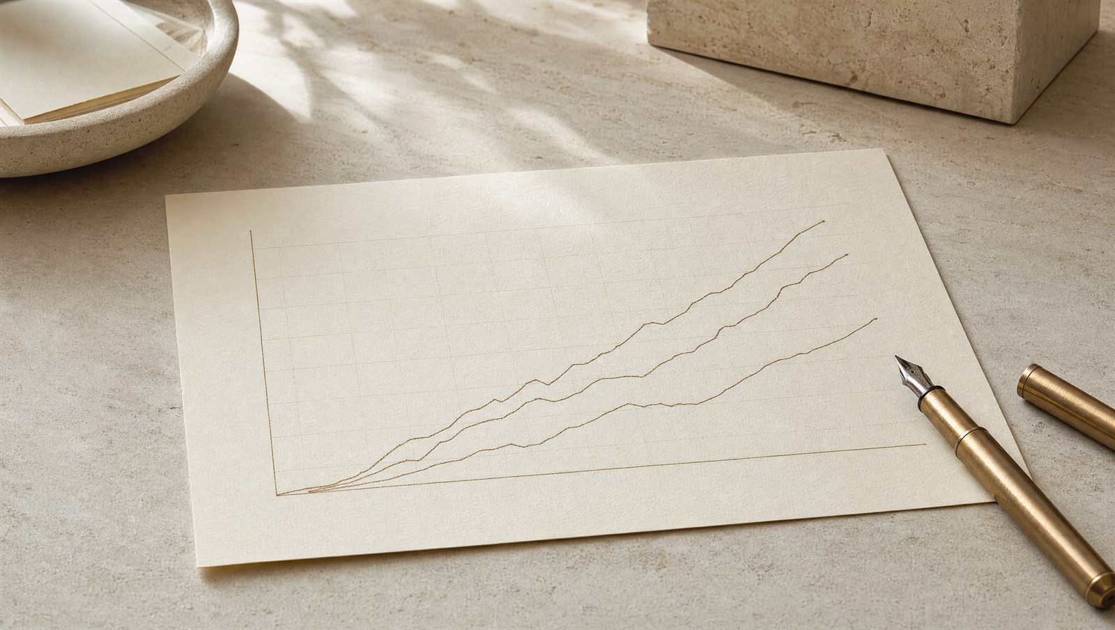 Une feuille de papier crème portant trois courbes ascendantes tracées à l’encre bronze, sans chiffres, un stylo plume posé à côté.
