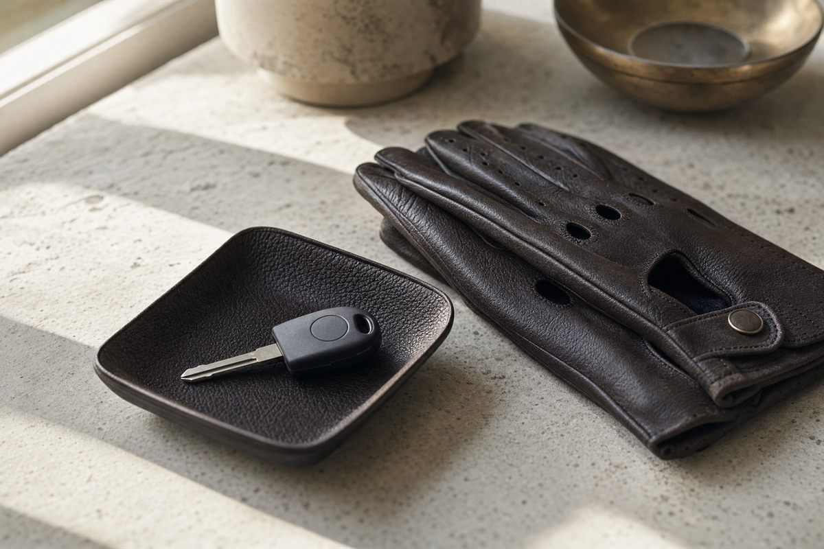 Une paire de gants de conduite en cuir brun pliée à côté d’une clé de voiture posée sur un petit plateau de cuir, dans une lumière de fenêtre.